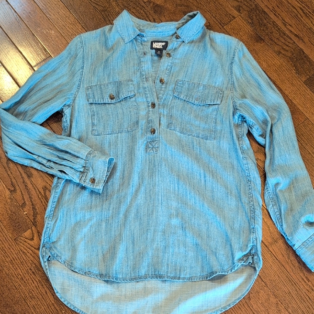 Lands End Soft Blue Chambray Tunic Blouse Small